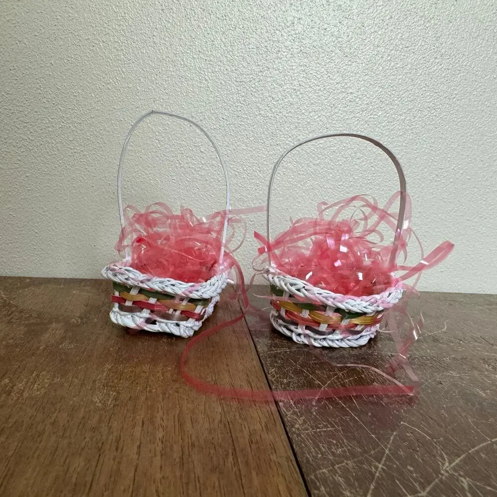 Set of two MINIATURE Woven Wicker‎ Painted Easter Baskets Pink Grass Decor